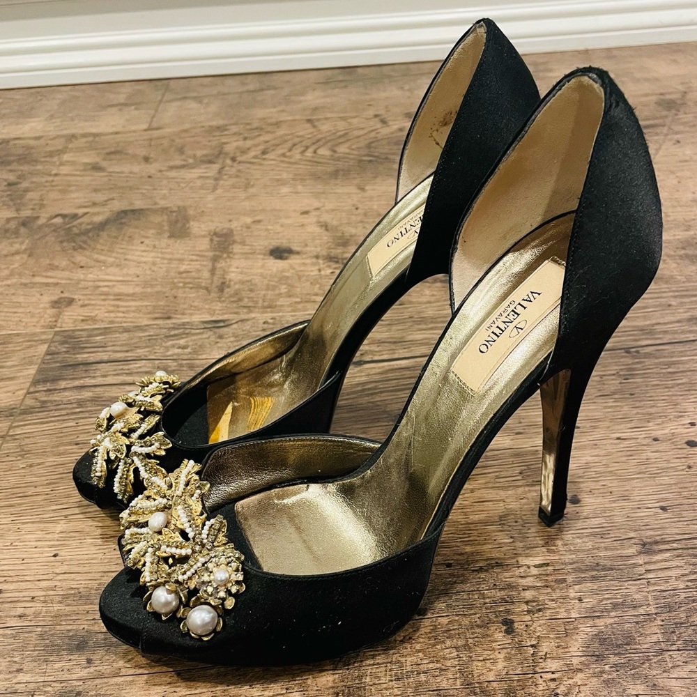 Valentino Black Satin Peep-Toe Heels with Gold Crystal Embellishment